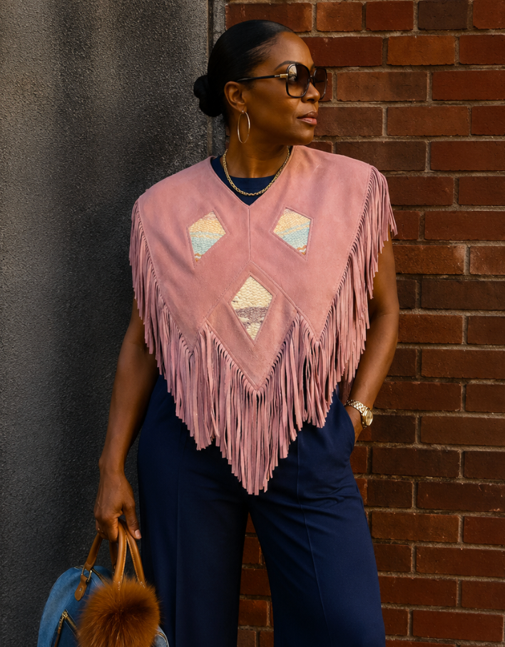 Crochet Diamonds Pink Suede Fringe Poncho