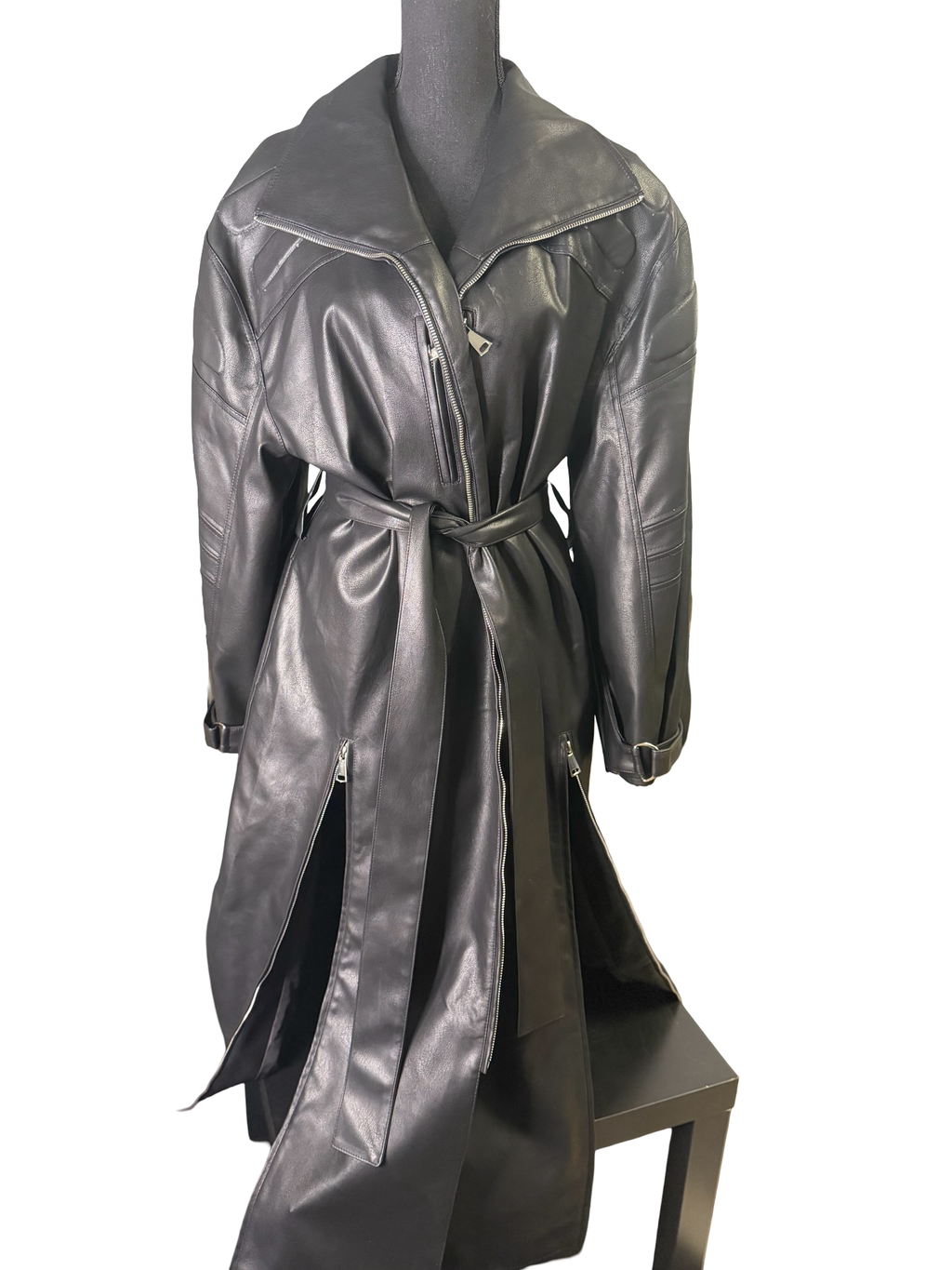 Black Leather Belted Floor Length Trench - The Vault by Sacha