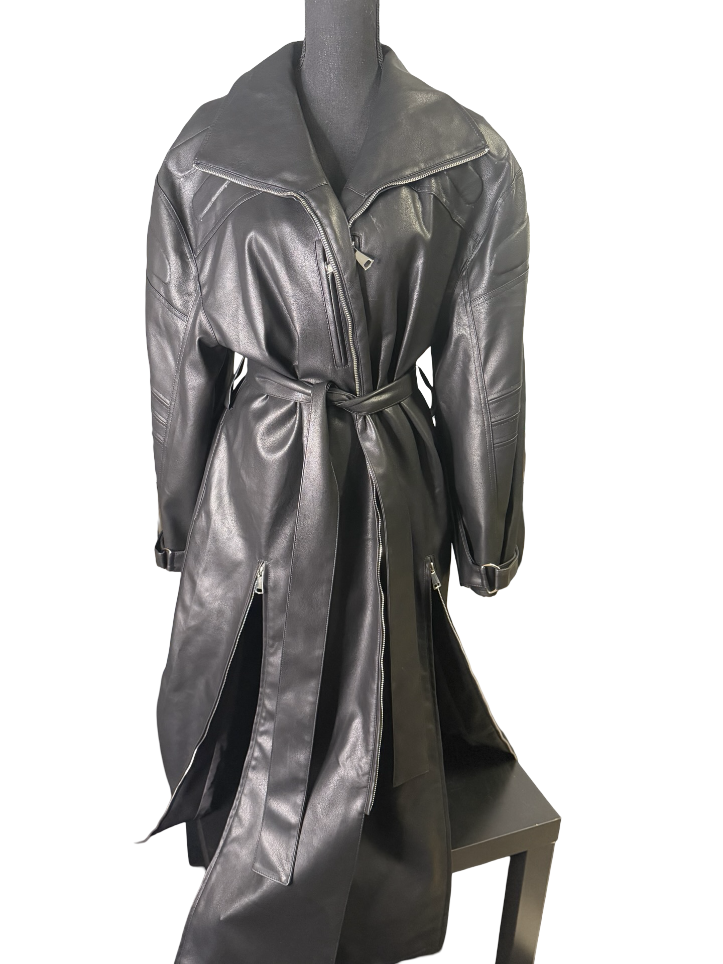 Black Leather Belted Floor Length Trench - The Vault by Sacha