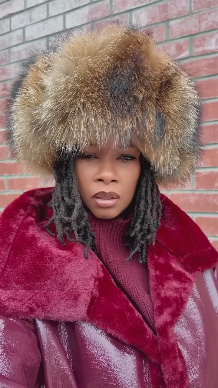 Brown Genuine Leather & Fox Fur Trapper Hat