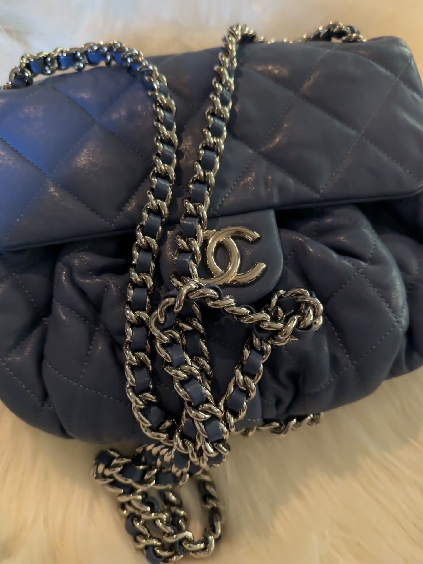 Chanel Washed Lambskin Chain Around  Medium Messenger Blue  Handbag Bag Purse