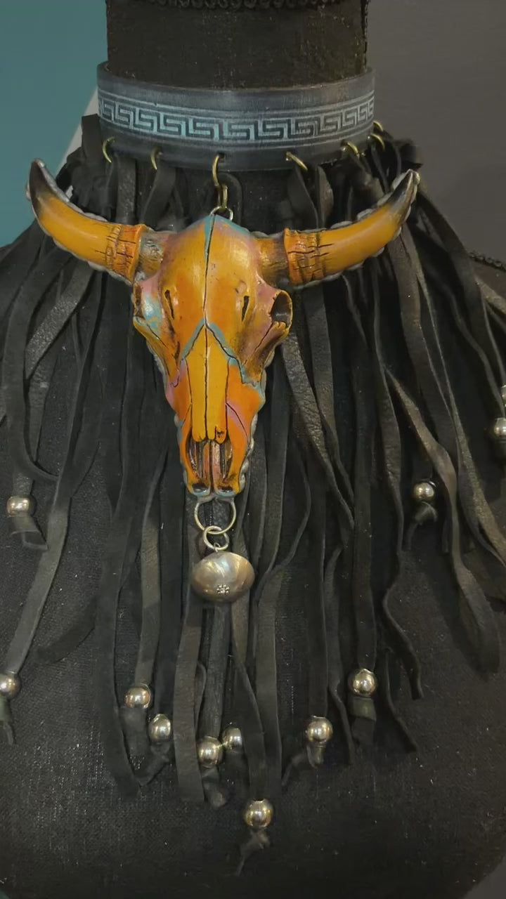 Buffalo Multi Color Skull & Black Fringe Handmade Leather Choker