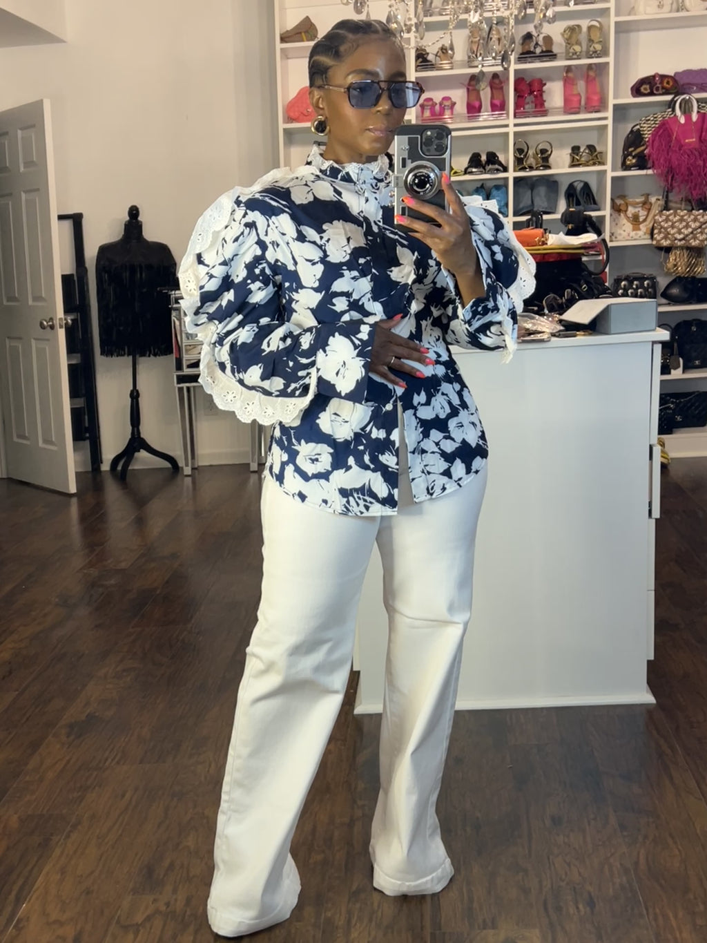 Blue Floral top w/ Lace Trim
