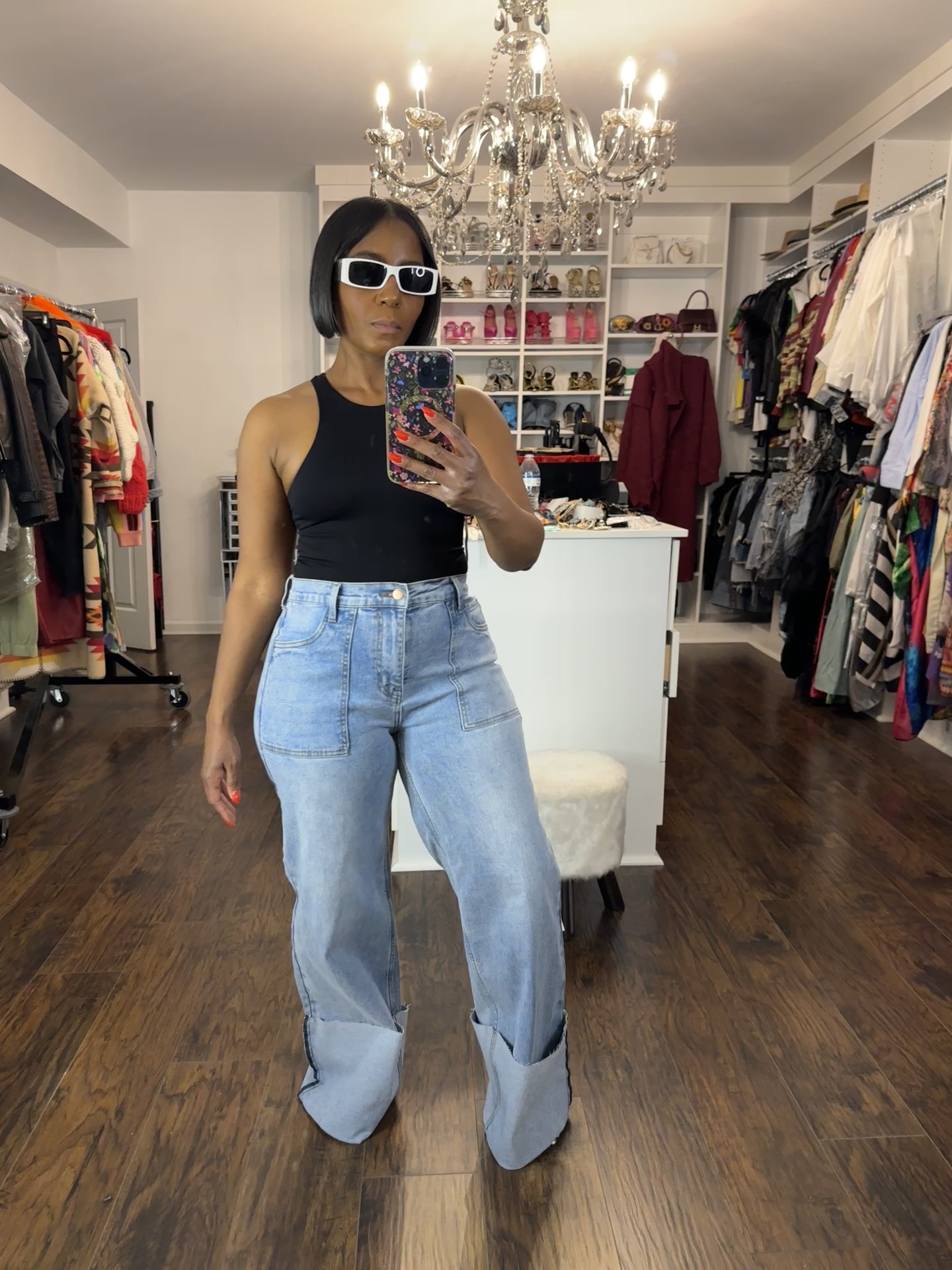 Stretch Wide Leg Cuff Jeans