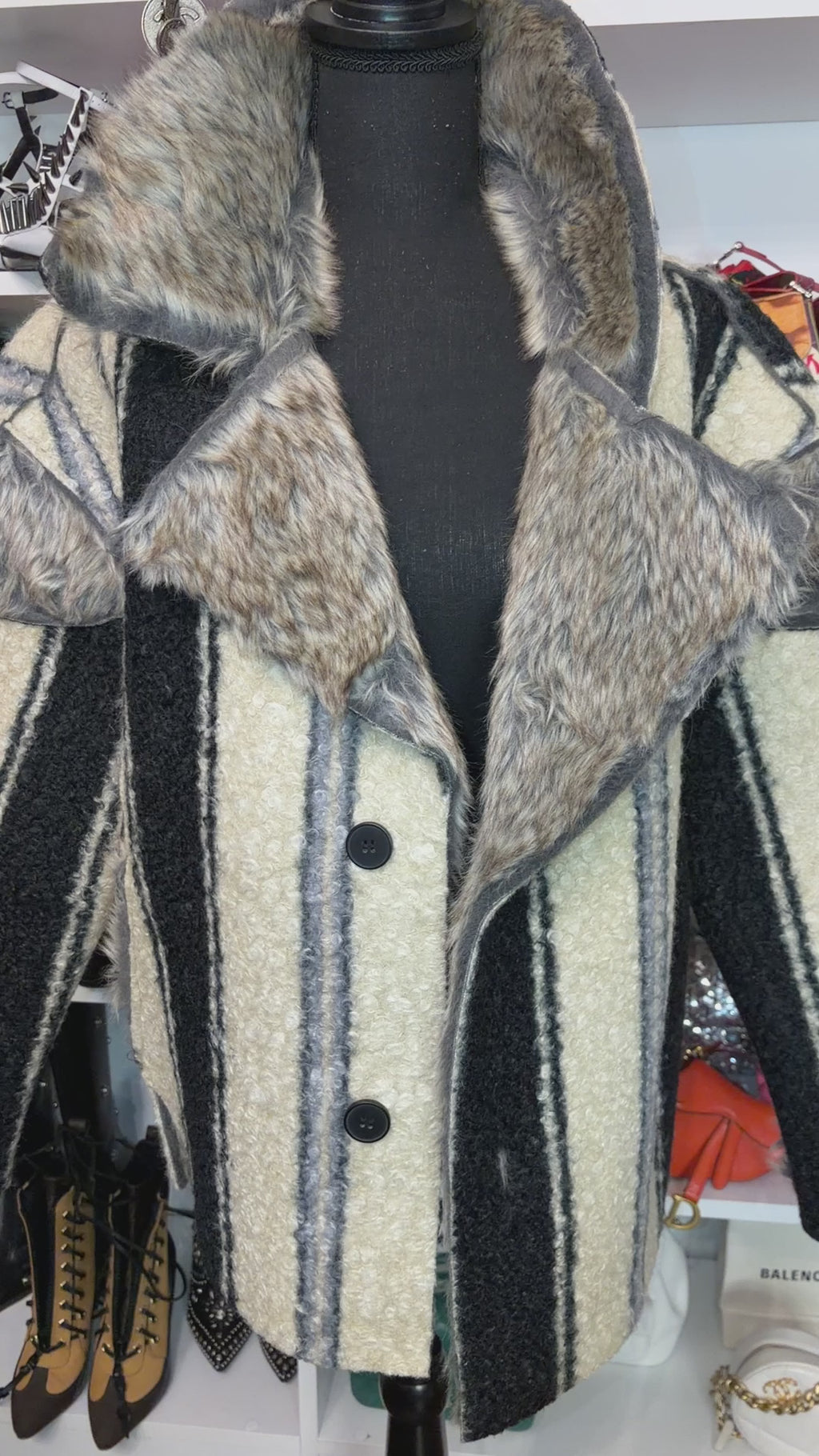 Reversible Shearling Tweed Coat