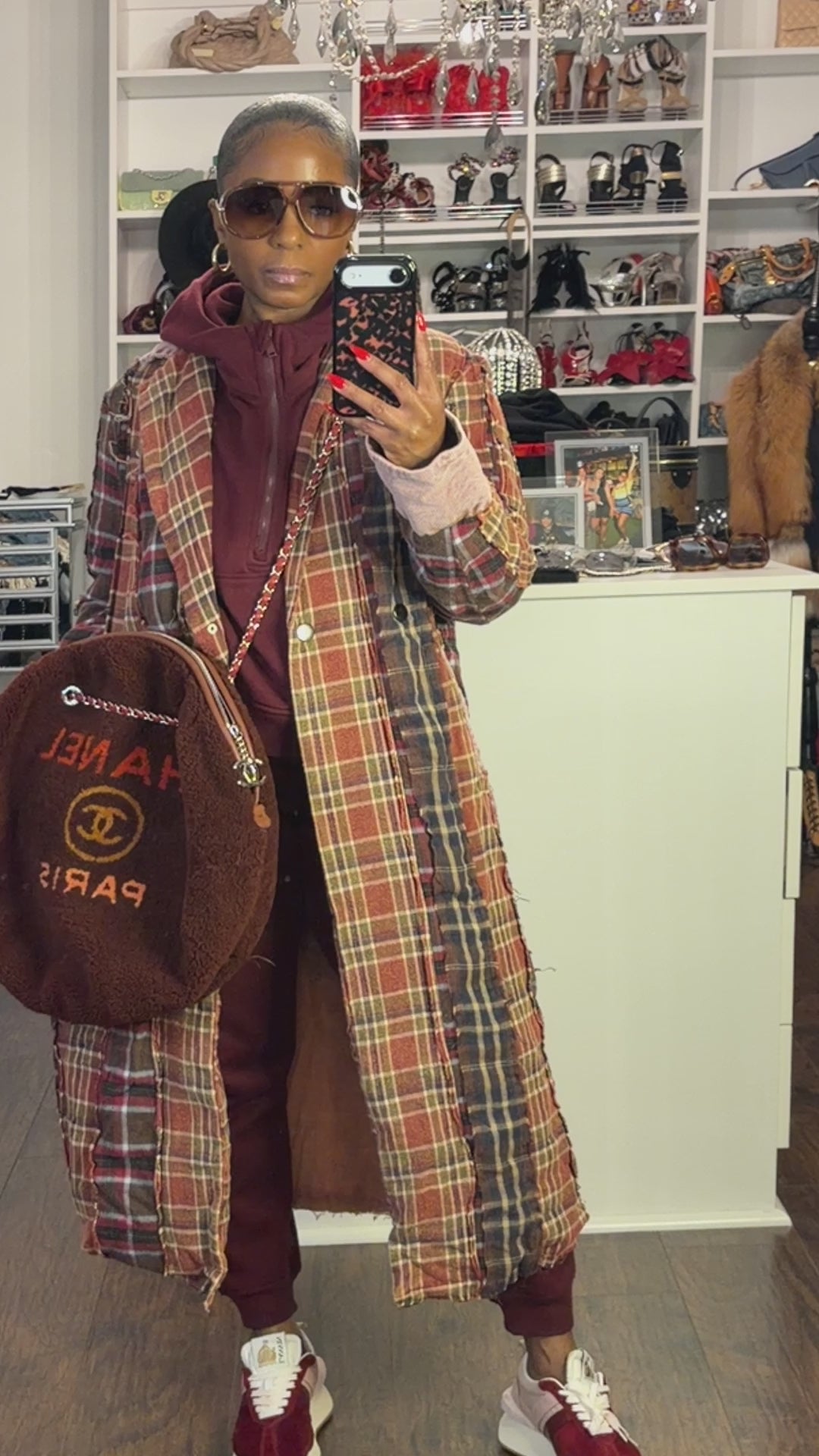 Rustic Revival Plaid Duster-Burgundy