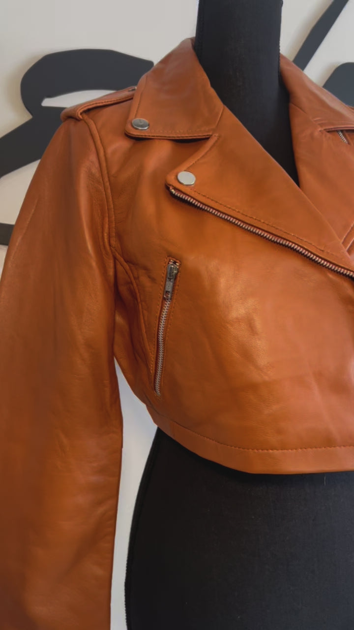 Cognac Tan Leather Cropped Biker