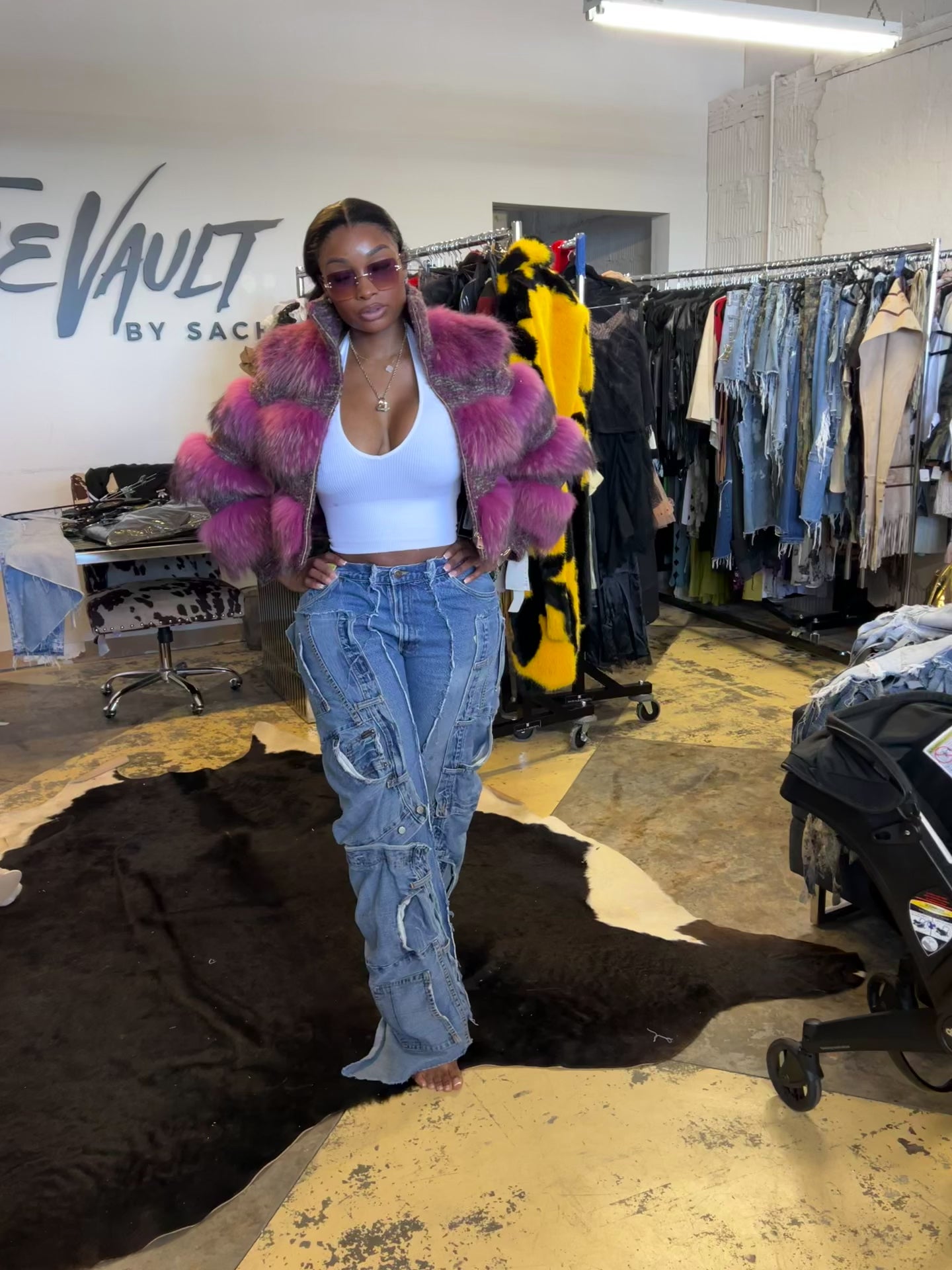 Genuine Fur & Tweed Coat