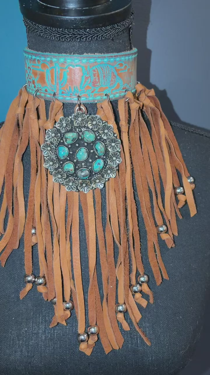 Turquoise Marble Fringe Handmade Leather Choker