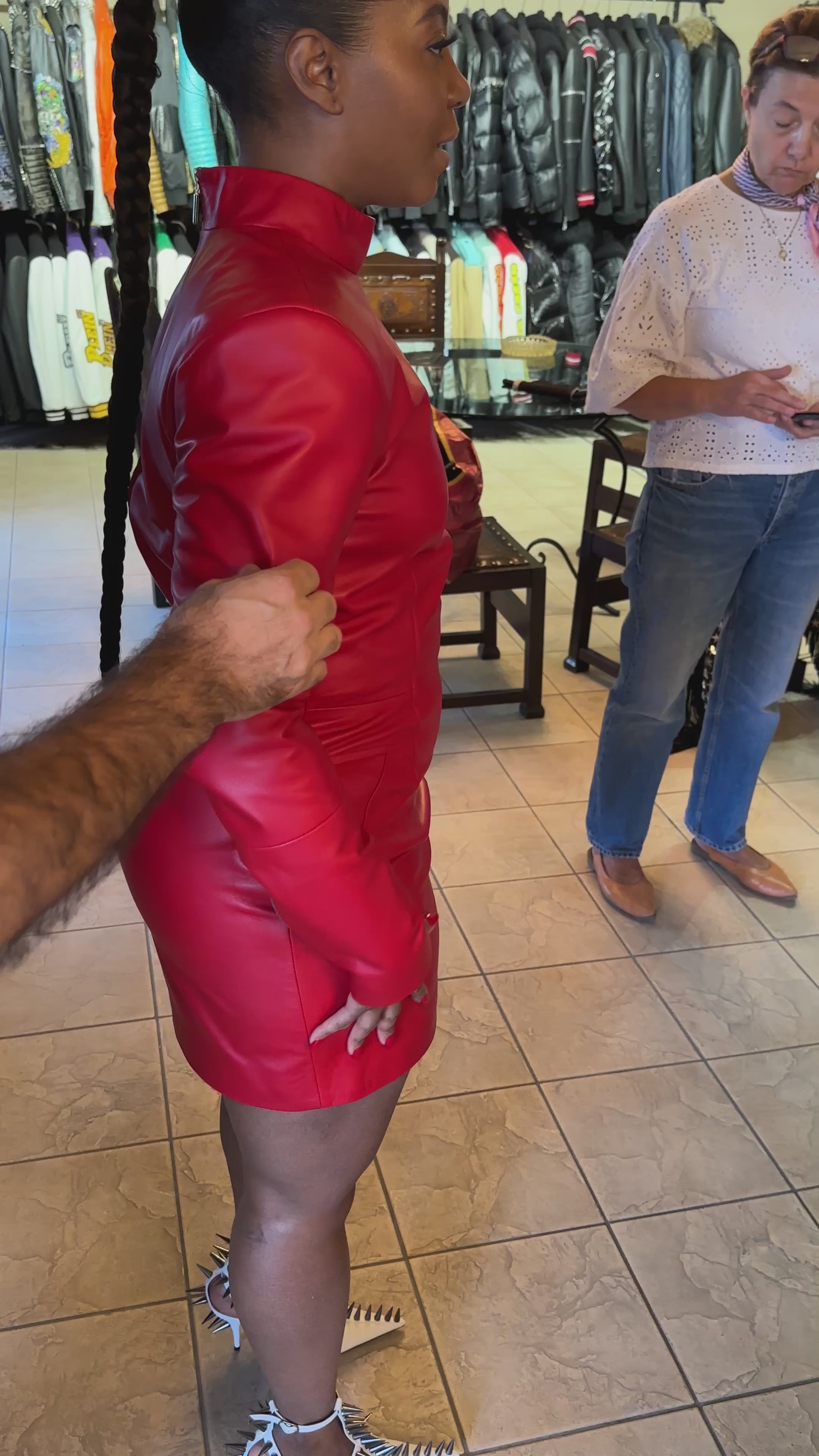 Red leather mini dress with pockets