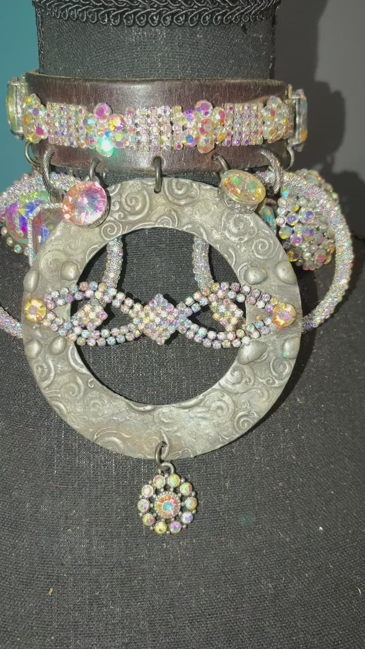 Infinity Iridescent Gems Handmade Leather Choker