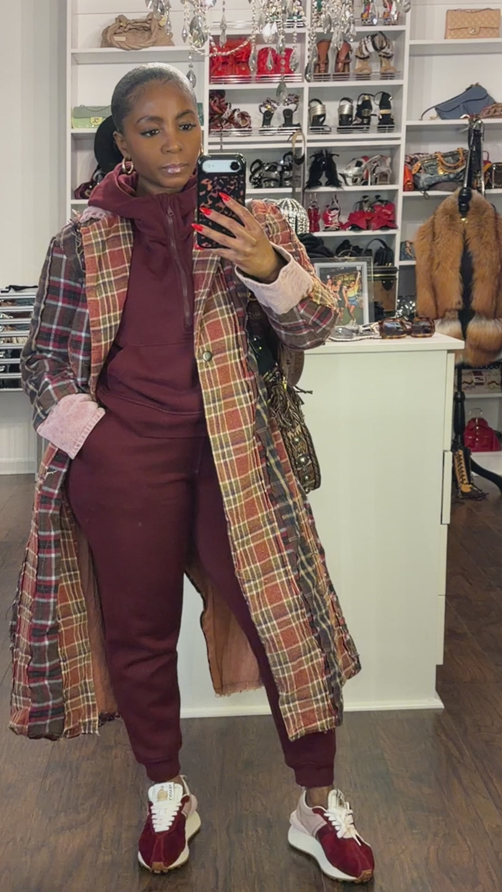Rustic Revival Plaid Duster-Burgundy