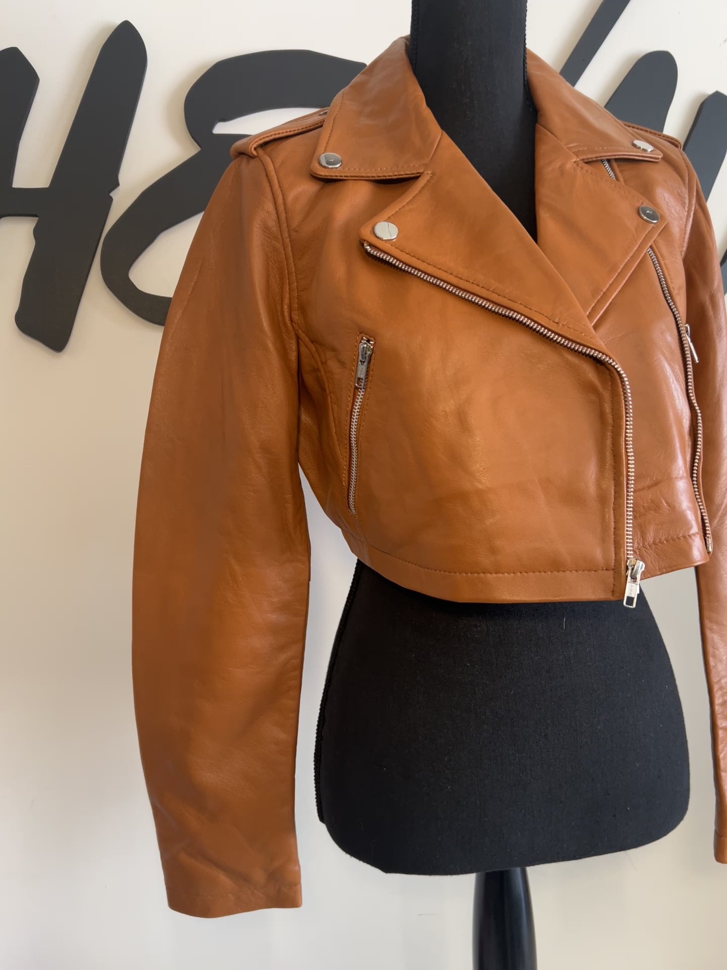 Cognac Tan Leather Cropped Biker