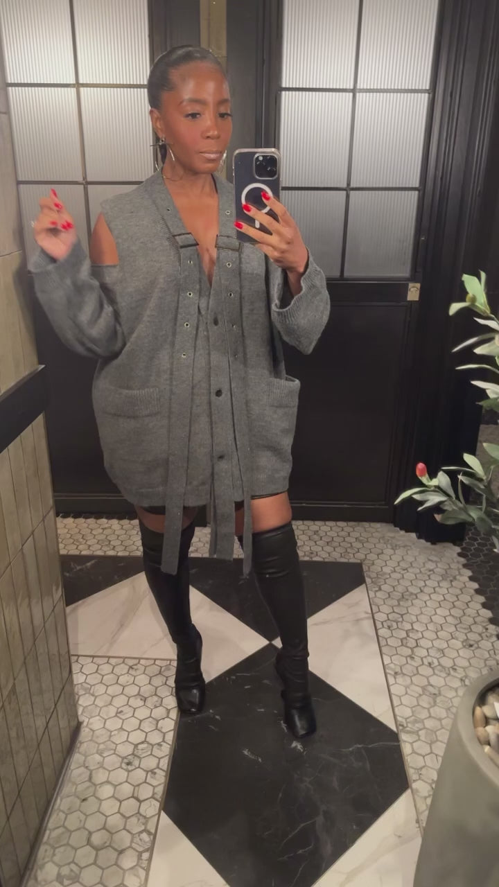 Grey Cold Shoulder Buckle Cardigan