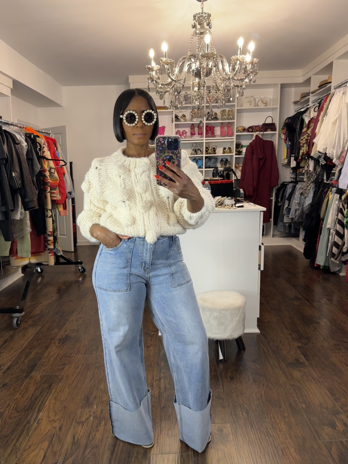 Stretch Wide Leg Cuff Jeans