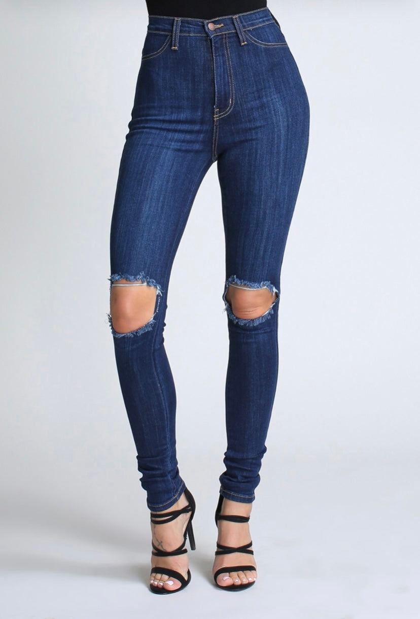 Open Knee High Waist Stretch Jeans - The Vault by Sacha