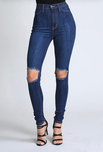 Open Knee High Waist Stretch Jeans