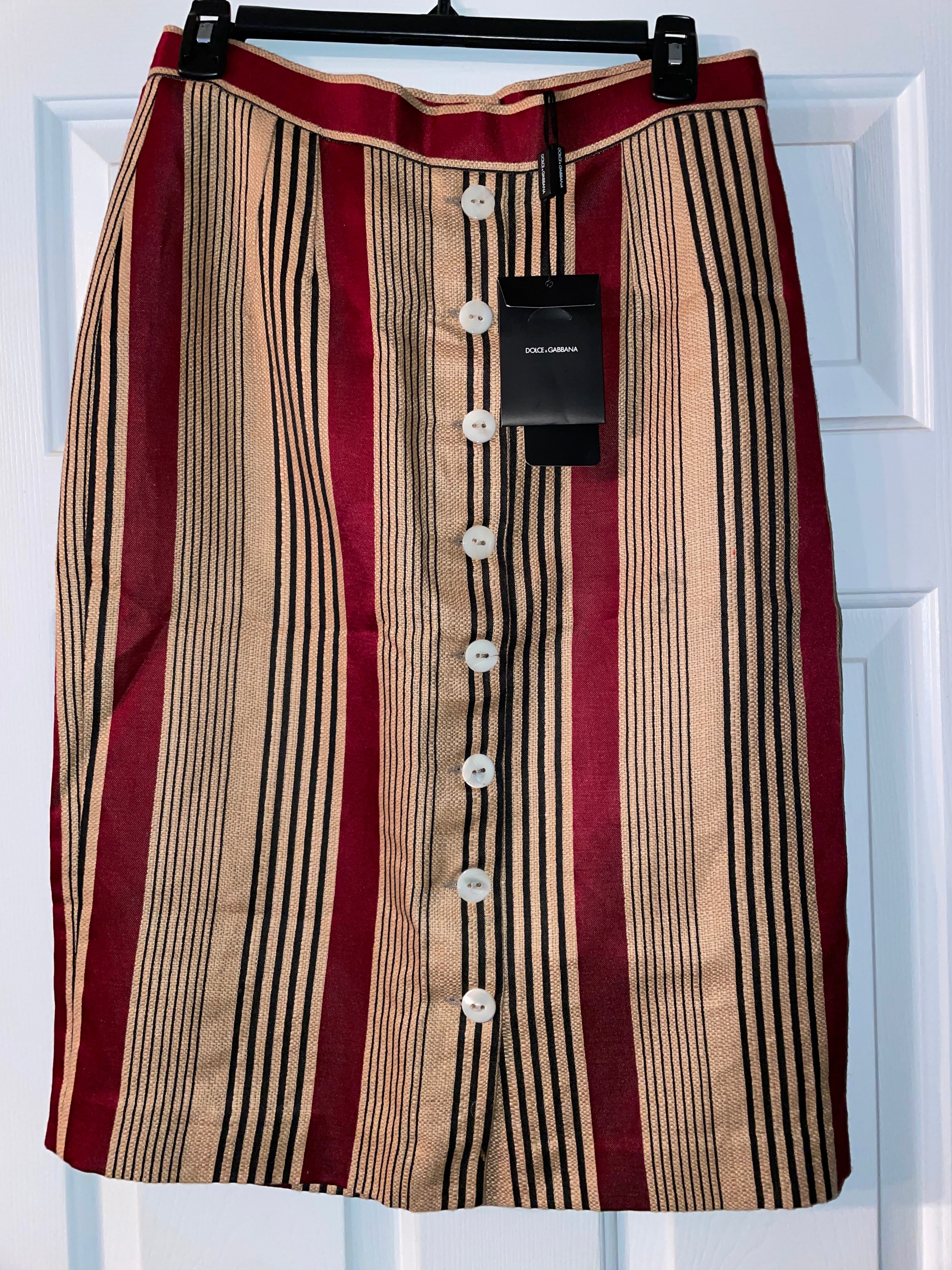 DOLCE & GABBANA NWT Beige, Black & Burgundy Striped Linen Blend Pencil - The Vault by Sacha