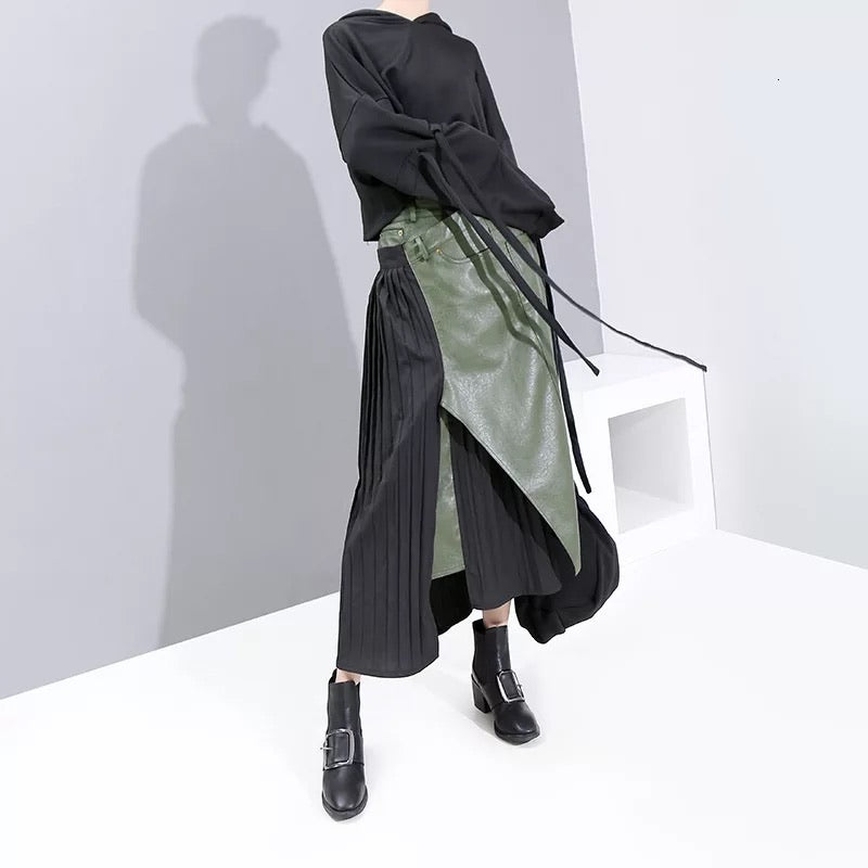 Denim & Pleats Skirt Olive - The Vault by Sacha