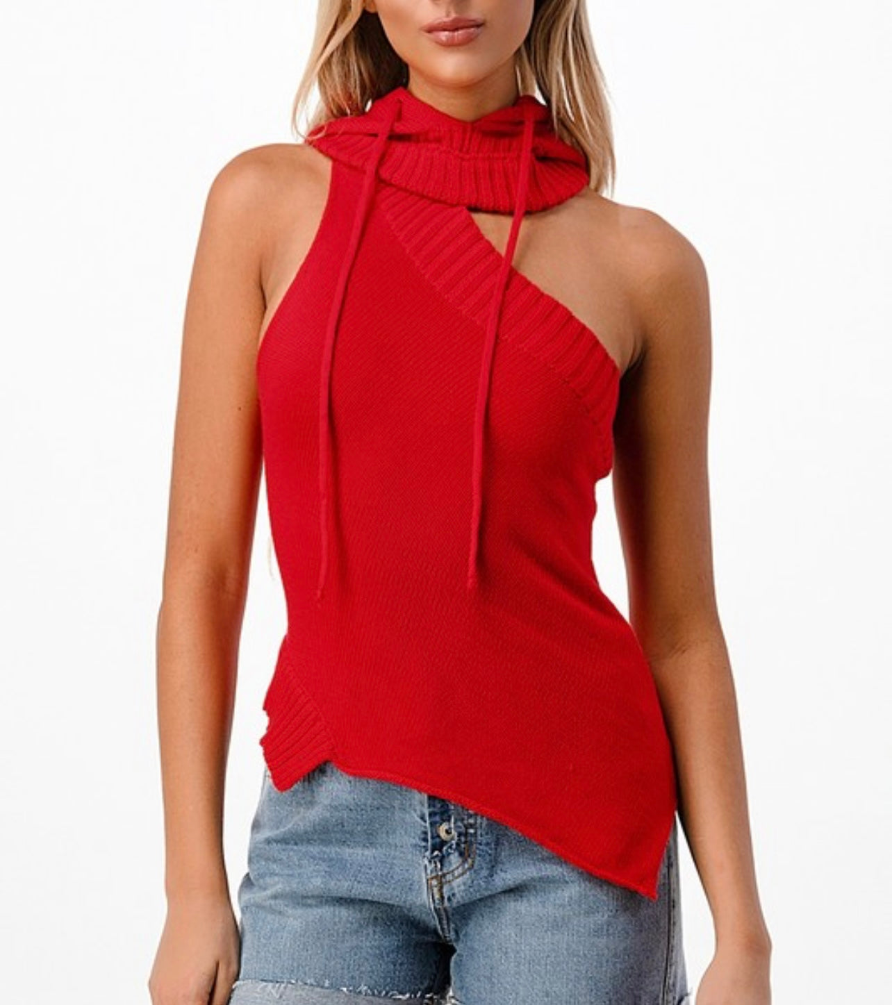 Red Knit Asymmetrical Hoodie Top