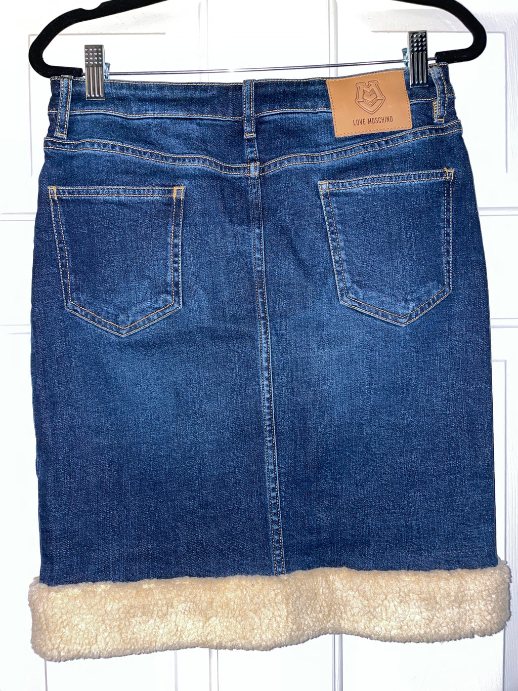 Moschino Stretch Denim Shearling Skirt - The Vault by Sacha