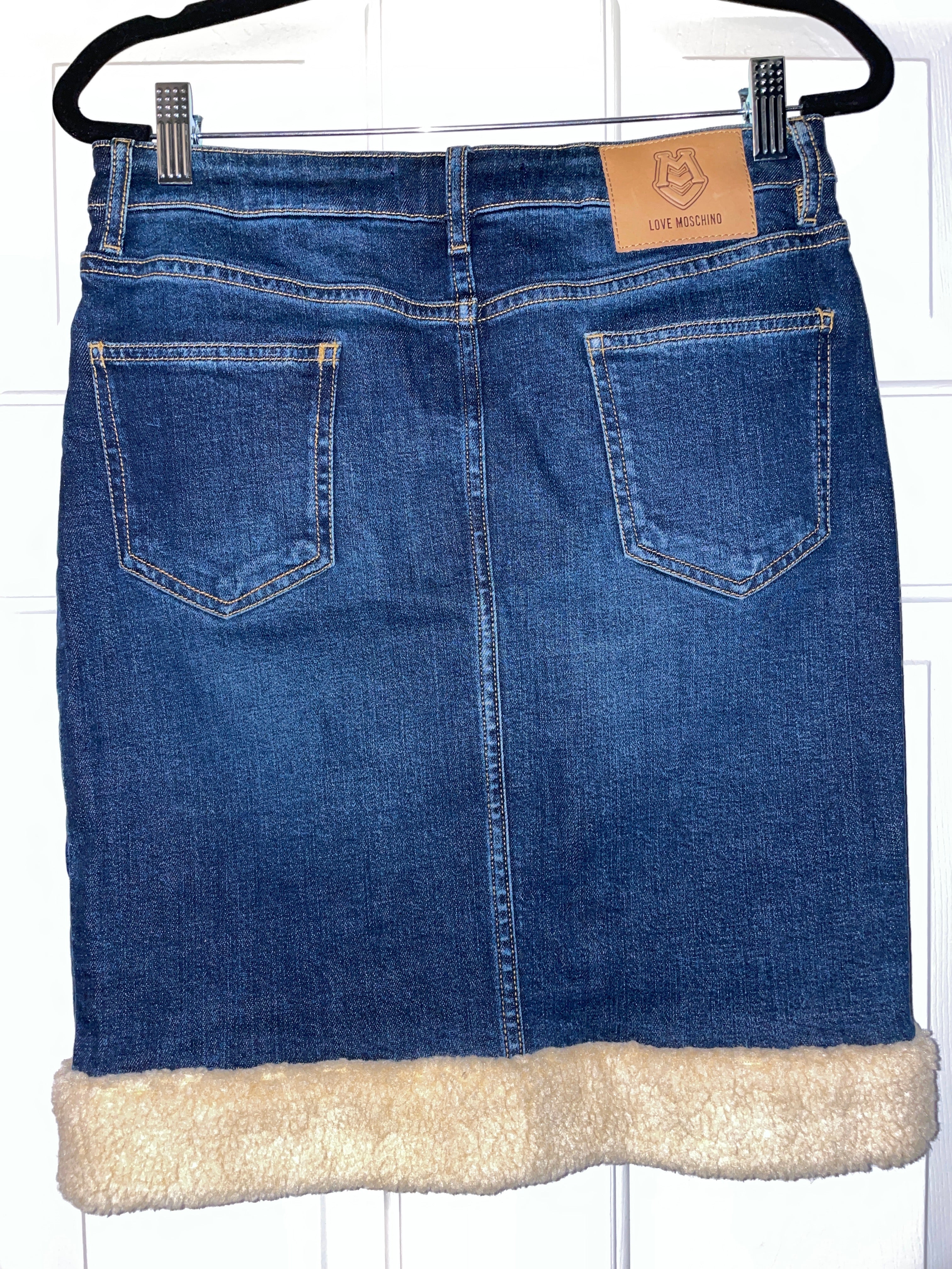 Moschino Stretch Denim Shearling Skirt - The Vault by Sacha