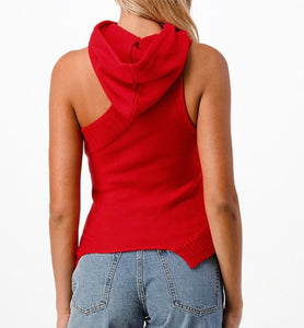 Red Knit Asymmetrical Hoodie Top